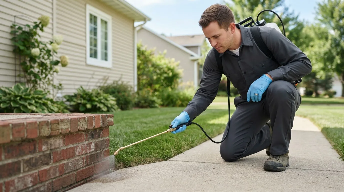 Pest control technician treating a home near Belleville, KS